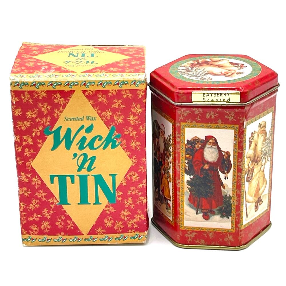Vtg 1990s GiftCo Wick 'n Tin Bayberry Scented Christmas Candle With Original Box